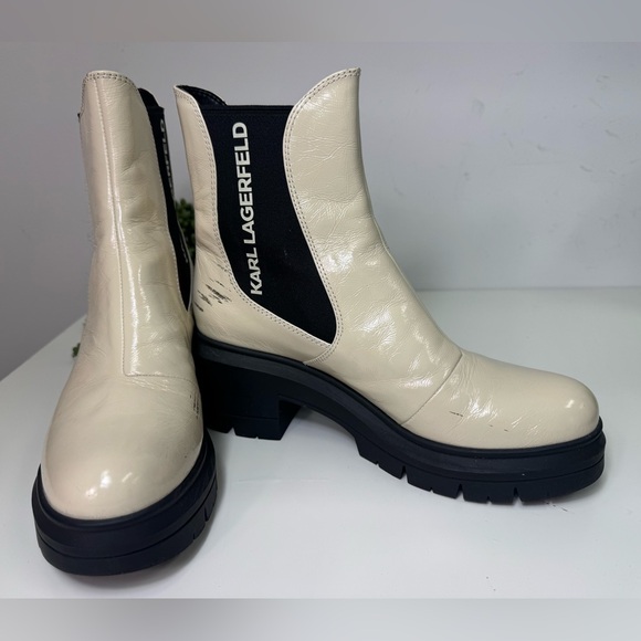 Karl Lagerfeld Cream Colored Patent Chelsea Boots, Women’s 9 - Picture 4 of 8